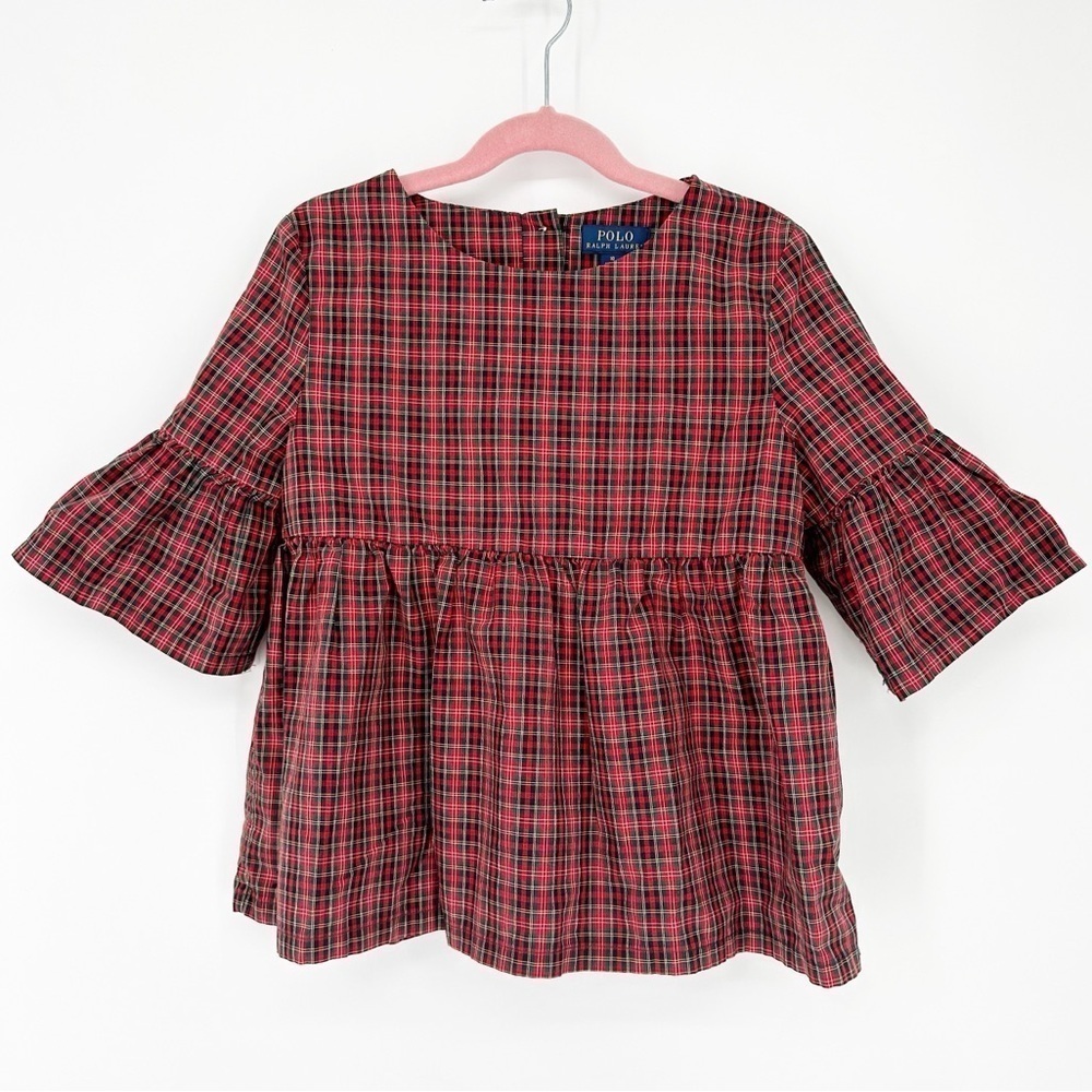 Polo Ralph Lauren Girls' Size 10 Bell-Sleeve Red Plaid Top Holiday Christmas
